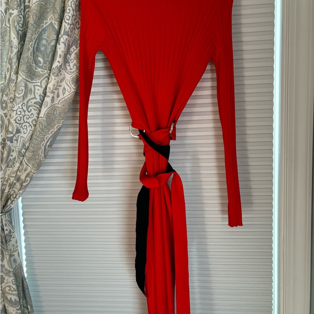 Hugo Boss Knit Red Long Sleeve Ribbed Top with Red Black Belt Detail